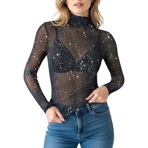 MangoPop NEW Black Mesh Silver Constellation Stars Long-Slv Mock Neck Top Large